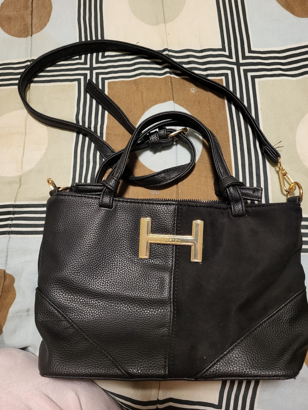 H by Halston Black Leather & Suede Satchel with Gold H Accent